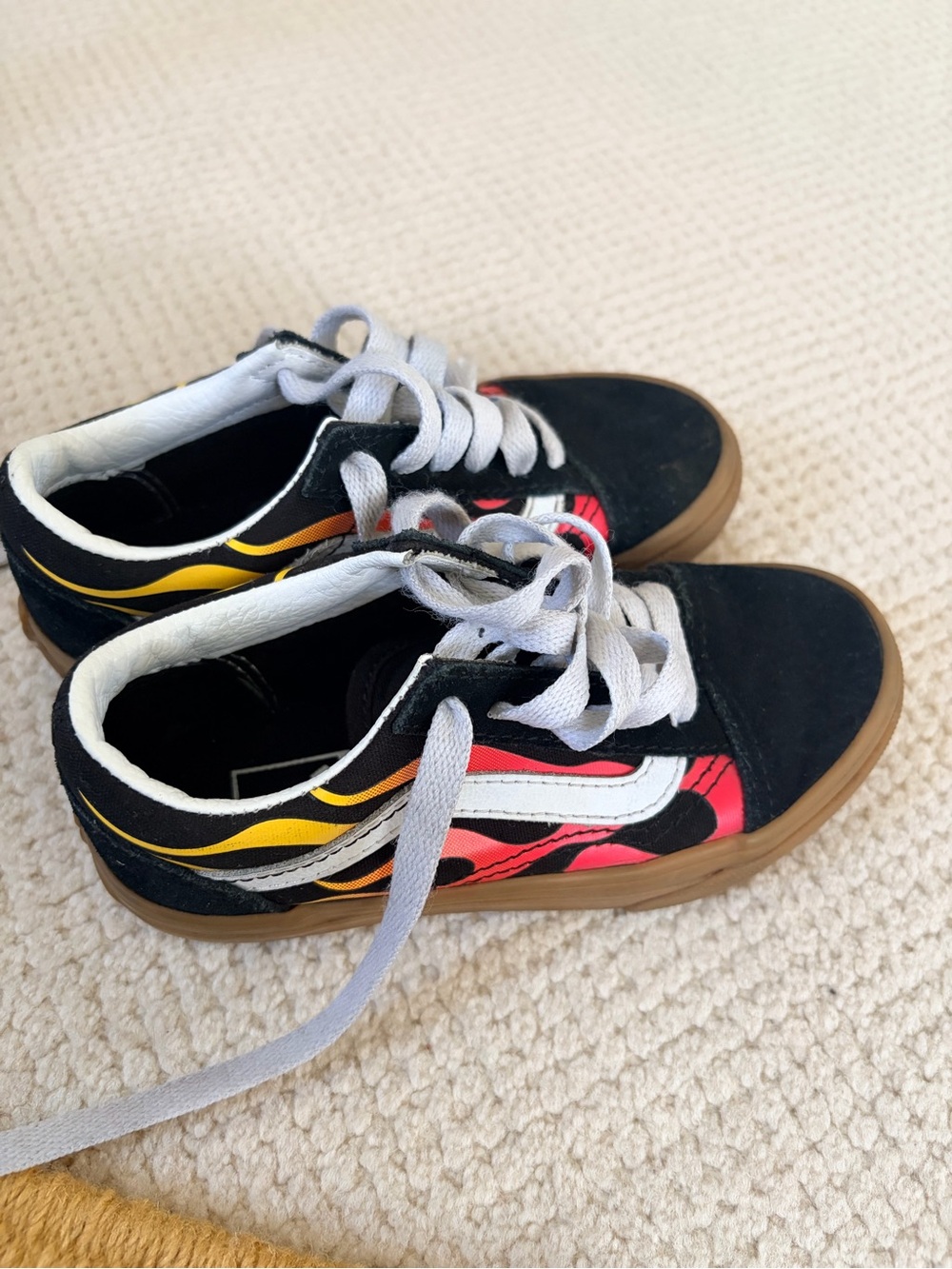 Barely worn Vans Kids Black Sneakers with Yellow & orange Flame Design size 11